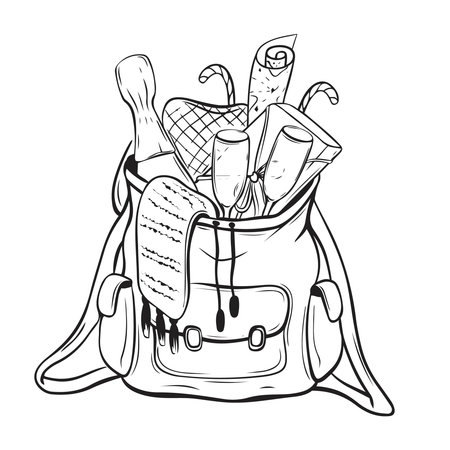 a backpack with festive accessories. Champagne, a box of chocolates, a scarf, a plaid. Merry Christmas, Happy New year, winter holidays. Outline, coloring book. Black and white. Vector illustration.のイラスト素材