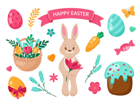 Happy Easter set. Bunny, flowers, eggs, decor. Vector illustration.のイラスト素材