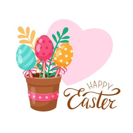 A vibrant and colorful bouquet of Easter eggs arranged beautifully in a decorative pot. Happy Easter. Vector illustration. On white background.のイラスト素材
