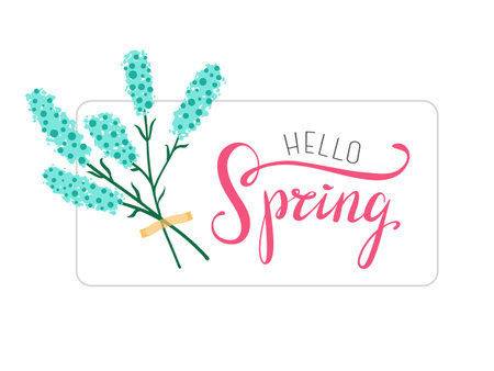 Hello Spring A Beautiful Floral Greeting Design Featuring Lovely and Vibrant Blue Flowers. Vector illustration. On white background. Greeting.のイラスト素材