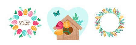 Happy Easter. Set of elements for decoration. Wreath with Colorful Easter Eggs, flowers and leaves, birdhouse. Spring Vector illustration. . Vector illustrationのイラスト素材