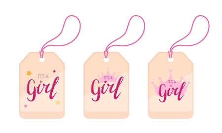 Set of three "Its a Girl" gift tags with different designs. Perfect for baby showers, gender reveal parties, and baby gifts. Vector illustrationのイラスト素材