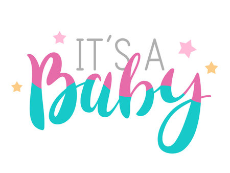 Vector illustration of "Its a Baby" text with hand lettering and stars. Ideal for creating baby shower designs and social media graphics.のイラスト素材