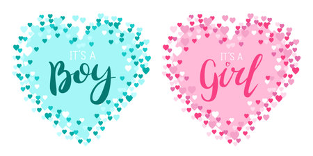 "Its a Boy" and "Its a Girl" gender reveal announcements with heart-shaped confetti backgrounds. Perfect for social media posts, cards, or party decorations. Vector illustrationのイラスト素材