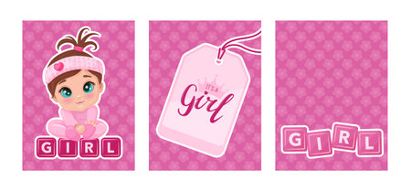 Set of banners. Its a Girl gender reveal. Cute for announcements, invitations, greeting cards or baby shower decor. Feminine, celebratory design. Vector illustrationのイラスト素材