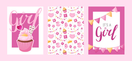 Set of banners. Its a Girl gender reveal. Cute for announcements, invitations, greeting cards or baby shower decor. Feminine, celebratory design. Vector illustrationのイラスト素材