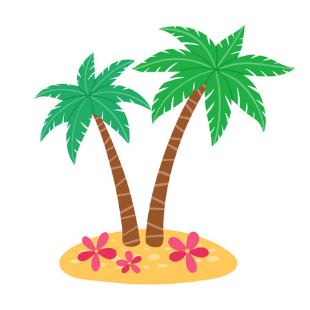 Two cartoon palm trees on a small island with pink flowers. Vibrant, tropical illustration. Ideal for summer, vacation, or nature themes. Vector illustrationのイラスト素材