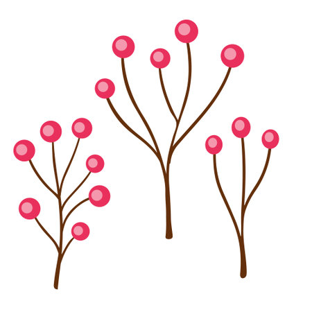 set of three stylized berry branches with pink berries and brown stems. Perfect for seasonal designs, or decorative elements. Vector illustrationのイラスト素材