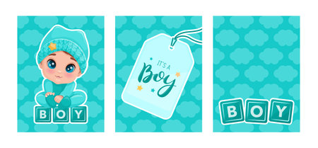 Set of banners. Its aBoy gender reveal. Cute for announcements, invitations, greeting cards or baby shower decor. Feminine, celebratory design. Vector illustrationのイラスト素材