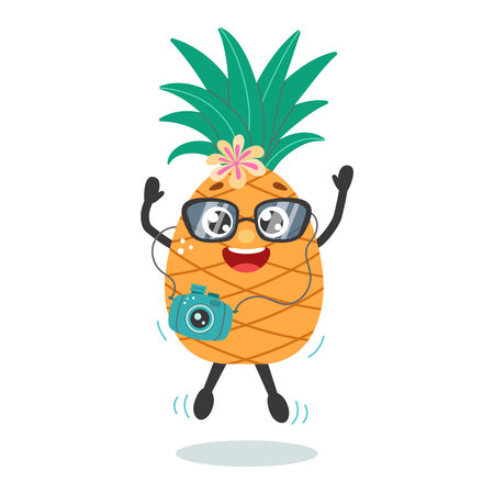 Funny pineapple character with camera on vacation. Summer cartoon illustration. Y2k sticker. Vector illustrationのイラスト素材