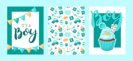 Set of banners. Its aBoy gender reveal. Cute for announcements, invitations, greeting cards or baby shower decor. Feminine, celebratory design. Vector illustration.のイラスト素材