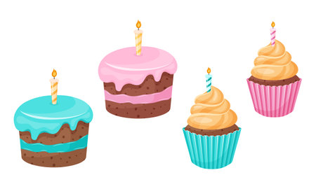 colorful cupcakes with candles. Perfect for birthday invitations, gender party, baby shower, party...