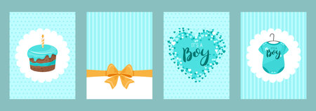 Set of banners. Its aBoy gender reveal. Cute for announcements, invitations, greeting cards or baby shower decor. Feminine, celebratory design. Vector illustrationのイラスト素材