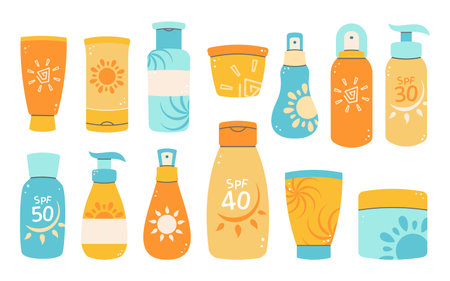 Set of colorful sunscreen bottles and lotions with SPF labels. Ideal for summer, beach, or skincare projects. Vector illustrationのイラスト素材