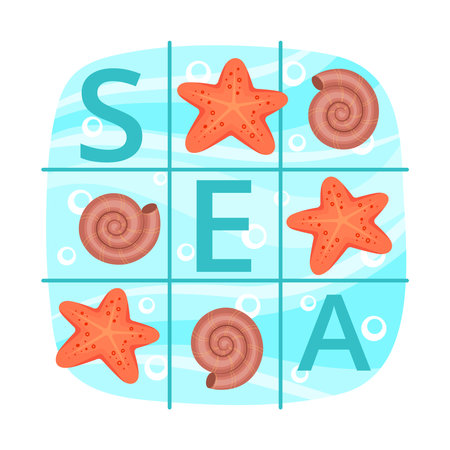 Sea themed illustration with starfish, seashells, and the word SEA in a grid layout. Perfect for marine or beach projects. Cartoon style. Vector illustration.のイラスト素材