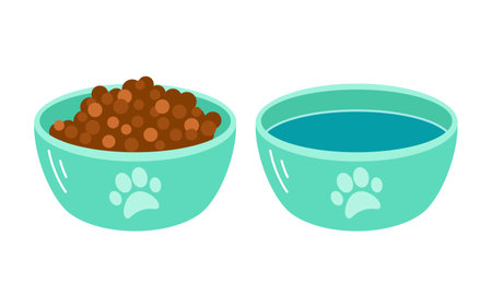 Two pet bowls, one filled with food for dogs and cats. and the other with water. For pets projects. Vector illustrationのイラスト素材