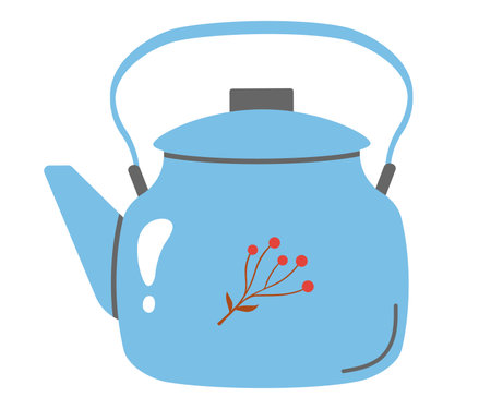 blue teapot with red berries, perfect for tea related designs, autumn or cozy kitchen themes. Vector illustrationのイラスト素材