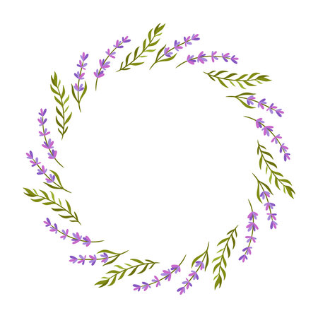 delicate and elegant wreath with lavender, sprigs, soft purple and pink hues, perfect for botanical, spa, greeting cards or wellness designs. Vector illustrationのイラスト素材