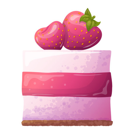 strawberry cake with pink frosting, layers of cream, topped with fresh strawberries and a green leaf, a vibrant and appetizing cartoon style. Vector illustrationのイラスト素材