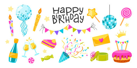 A vibrant collection of birthday elements, balloons, candles, a cake, confetti, gifts, and festive decorations, perfect for party designs. Vector illustrationのイラスト素材