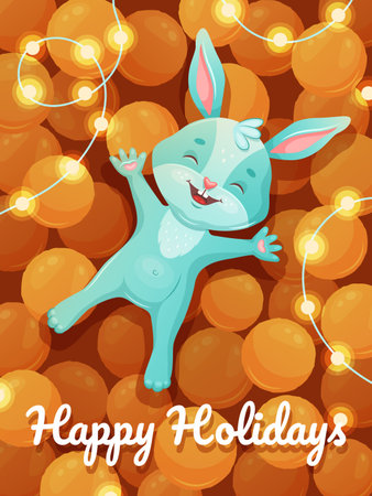 A festive New Year card. A cute rabbit surrounded by mandarins and glowing garlands, perfect for holiday greetings. Vector illustrationのイラスト素材