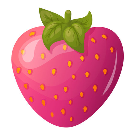 glossy pink strawberries with green leaves, perfect for summer, food, or dessert-themed designs. Vector illustrationのイラスト素材
