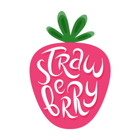 A vibrant pink strawberry with stylish hand lettered Strawberry text, perfect for summer designs, food branding, or playful illustrations. Vector illustrationのイラスト素材