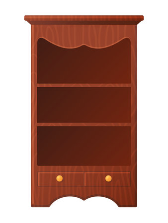 polished mahogany bookshelf with drawers, elegant wooden bookshelf with three open shelves. Vector illustrationのイラスト素材
