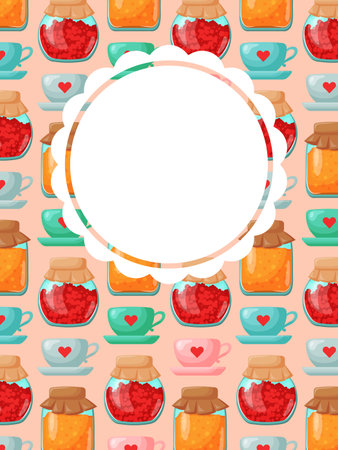 colorful jam jars and teacups banner, card with place for text, pastel jars of strawberry and apricot. For menu and seasonal designs. Vector illustrationのイラスト素材