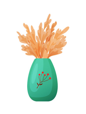 Cheerful bouquet of dried flowers in a green vase, perfect for autumn or summer themed designs. Vector illustrationのイラスト素材