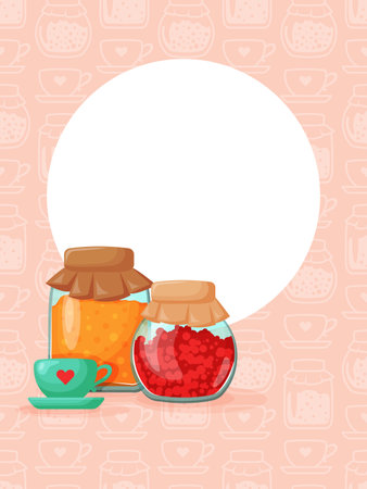 template with colorful jam jars and teacups, card with place for text. For menu, invitation and seasonal designs. Vector illustrationのイラスト素材