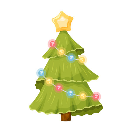 decorated cartoon christmas tree with garland and glowing multicolor lights, pastel baubles, star topperのイラスト素材