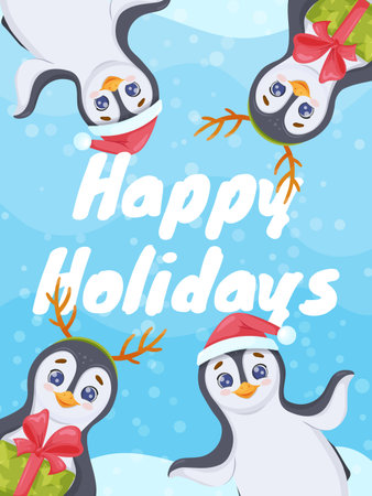 vertical Christmas banner with funny penguins. Vector illustrationのイラスト素材