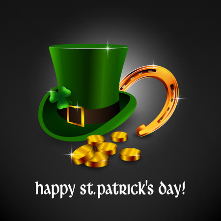 An editable vector illustration of coins, a horseshoe and a hat on a black backgriundのイラスト素材