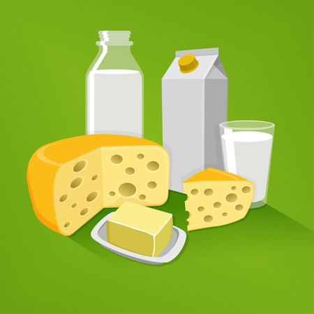 An editable flat vector illustration of dairy products on a green backgroundのイラスト素材
