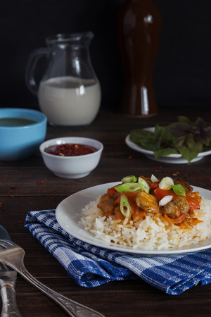 A plate of rice with pork and paprikaの写真素材