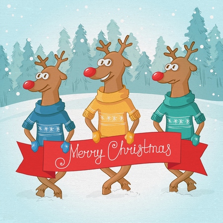 three deer on the background. Winter forest landscape. Postcard Merry Christmas. Vectorのイラスト素材