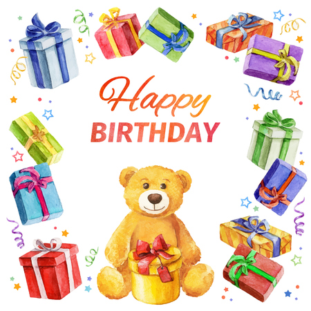 Card Happy Birthday. square frame of gifts and Teddy Bear. watercolor. watercolor. Vector watercolor.のイラスト素材