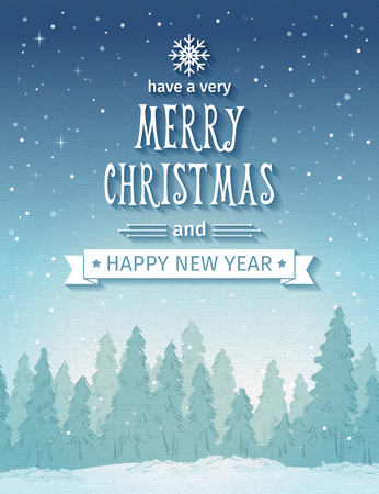 Vintage winter night forest landscape. Merry Christmas card. vector illustrationのイラスト素材