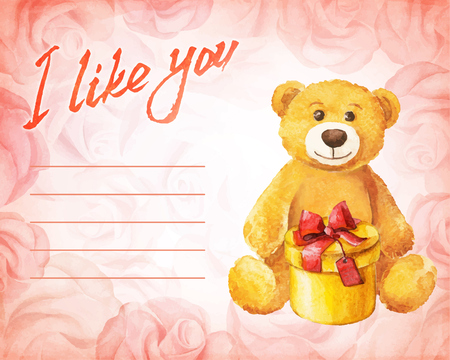 Greeting card. Teddy bear with a gift on a background of pink roses. Watercolor vector illustration.のイラスト素材