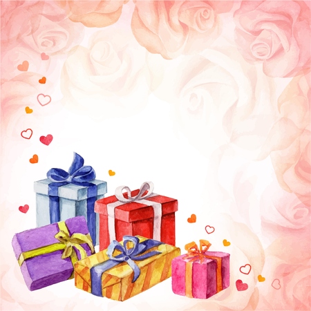 Gifts for Valentines Day on a pink background with roses. watercolor illustration. vectorのイラスト素材
