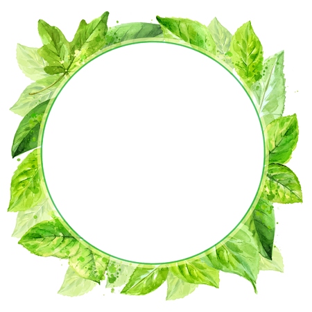 round frame made of various leaves in watercolor. Hand-painted designのイラスト素材
