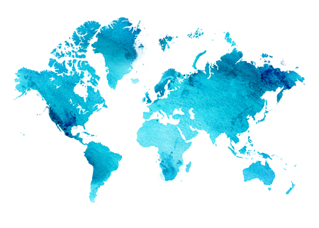 Illustrated map of the world with a isolated background. blue heaven watercolorの写真素材