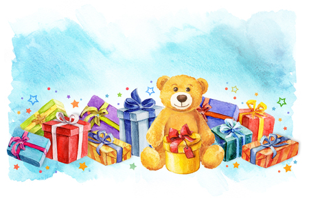 holiday presents gift boxes watercolor illustration. teddy bear with a giftの写真素材