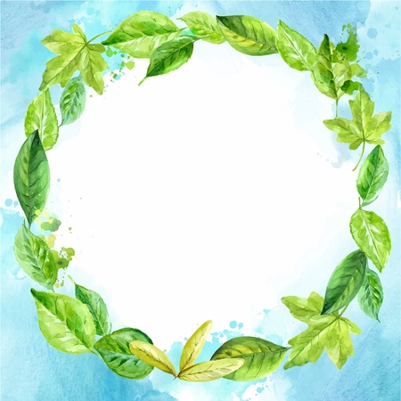Round frame made of various leaves in watercolor. Hand-painted design elements. blue backgroundのイラスト素材