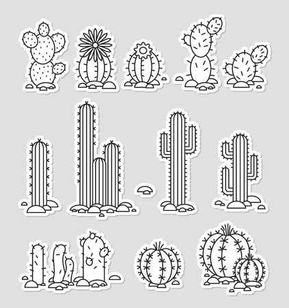 Vector illustration Cacti in the desert. Set of black and white stickersのイラスト素材