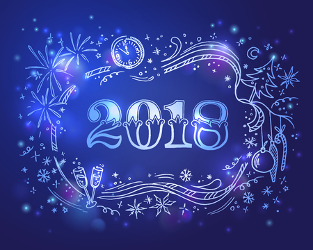 Cartoon vector doodles 2018 hand drawn new year illustration.のイラスト素材
