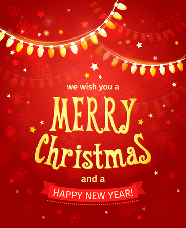 Merry Christmas and Happy New Year. Vector illustration Festive postcard. Green tree with garland of light bulbs.のイラスト素材