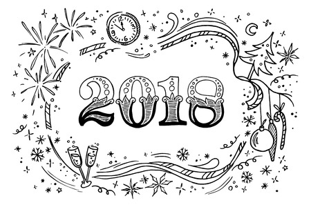 Cartoon doodles hand drawn 2018 new year illustration. Isolated vector templateのイラスト素材