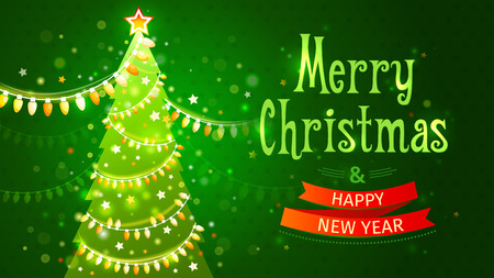 Merry Christmas and Happy New Year. Festive postcard. Green tree with garland of light bulbs. Vector illustrationのイラスト素材